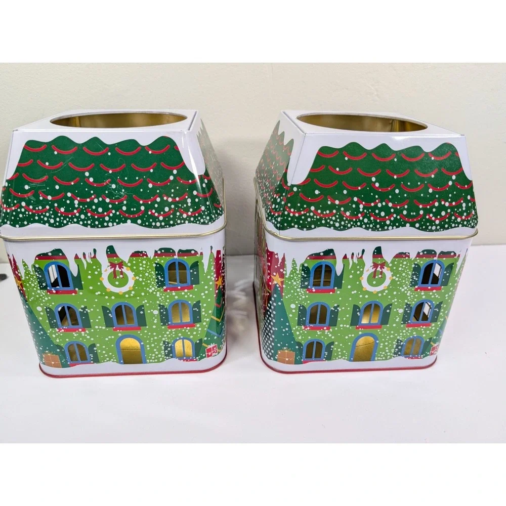 PartyLite Winter Village 3 Wick Candle Jar Tin unused Christmas Display Set Of 2